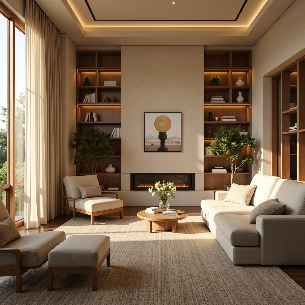 Prompt: Cozy living room, warm beige walls, plush velvet sofas, wooden coffee tables, natural fiber rugs, floor-to-ceiling windows, sheer curtains, soft golden lighting, minimalist decor, modern abstract art, comfortable reading nooks, built-in bookshelves, warm neutral color palette, inviting scents, calming ambiance, 1/1 composition, shallow depth of field, realistic textures, ambient occlusion.