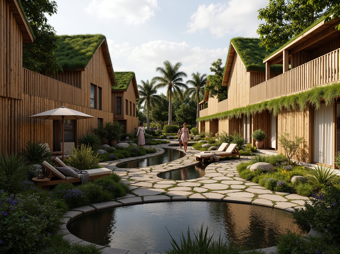 Prompt: Eco-friendly village, thatched roofs, reclaimed wood facades, bamboo accents, living walls, green roofs, natural stone pathways, organic gardens, lush vegetation, serene water features, rustic wooden bridges, earthy tone color palette, warm soft lighting, shallow depth of field, 1/1 composition, realistic textures, ambient occlusion.