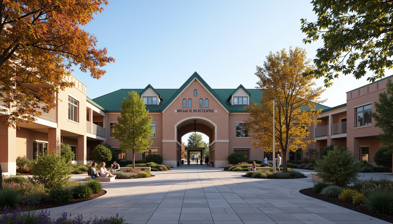 Prompt: Vibrant community center, academic fa\u00e7ade design, brick and stone exterior, grand entrance arches, ornate cornices, columned porticos, educational signage, lush green roofs, modern dormer windows, warm earthy tones, natural stone walkways, tree-lined courtyards, sunny afternoon, soft diffused lighting, shallow depth of field, 1/2 composition, symmetrical framing, realistic textures, ambient occlusion.Let me know if you need any adjustments!