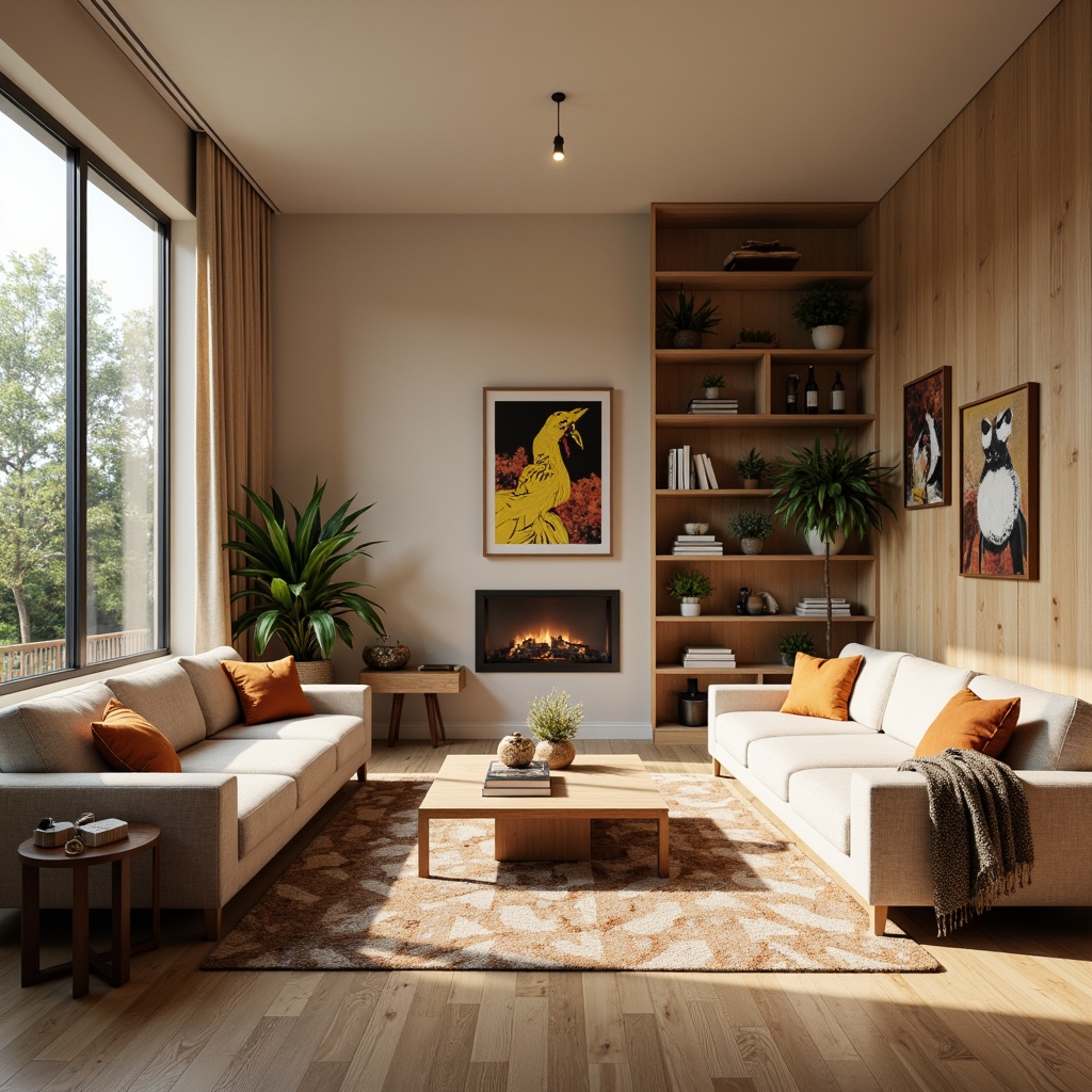 Prompt: Cozy living room, plush sofas, warm beige walls, floor-to-ceiling windows, natural wood flooring, modern minimalist decor, eclectic artwork, vibrant accent pillows, soft diffused lighting, comfortable reading nooks, functional shelving units, hidden storage compartments, sleek coffee tables, geometric patterned rugs, tranquil atmosphere, 1/1 composition, shallow depth of field, realistic textures.