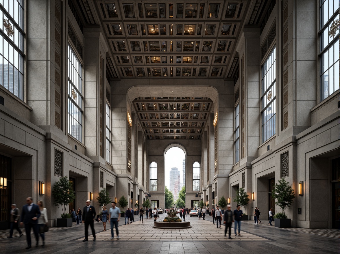 Prompt: Monumental banking hall, grandiose columns, ornate metallic details, geometric patterned facades, constructivist architectural style, brutalist concrete textures, angular lines, rectangular forms, symmetrical composition, natural light pouring in, high ceilings, marble floors, intricate moldings, bold typography, urban cityscape, busy streets, modern skyscrapers, overcast skies, dramatic shadows, cinematic lighting, shallow depth of field, 2/3 composition, realistic rendering.