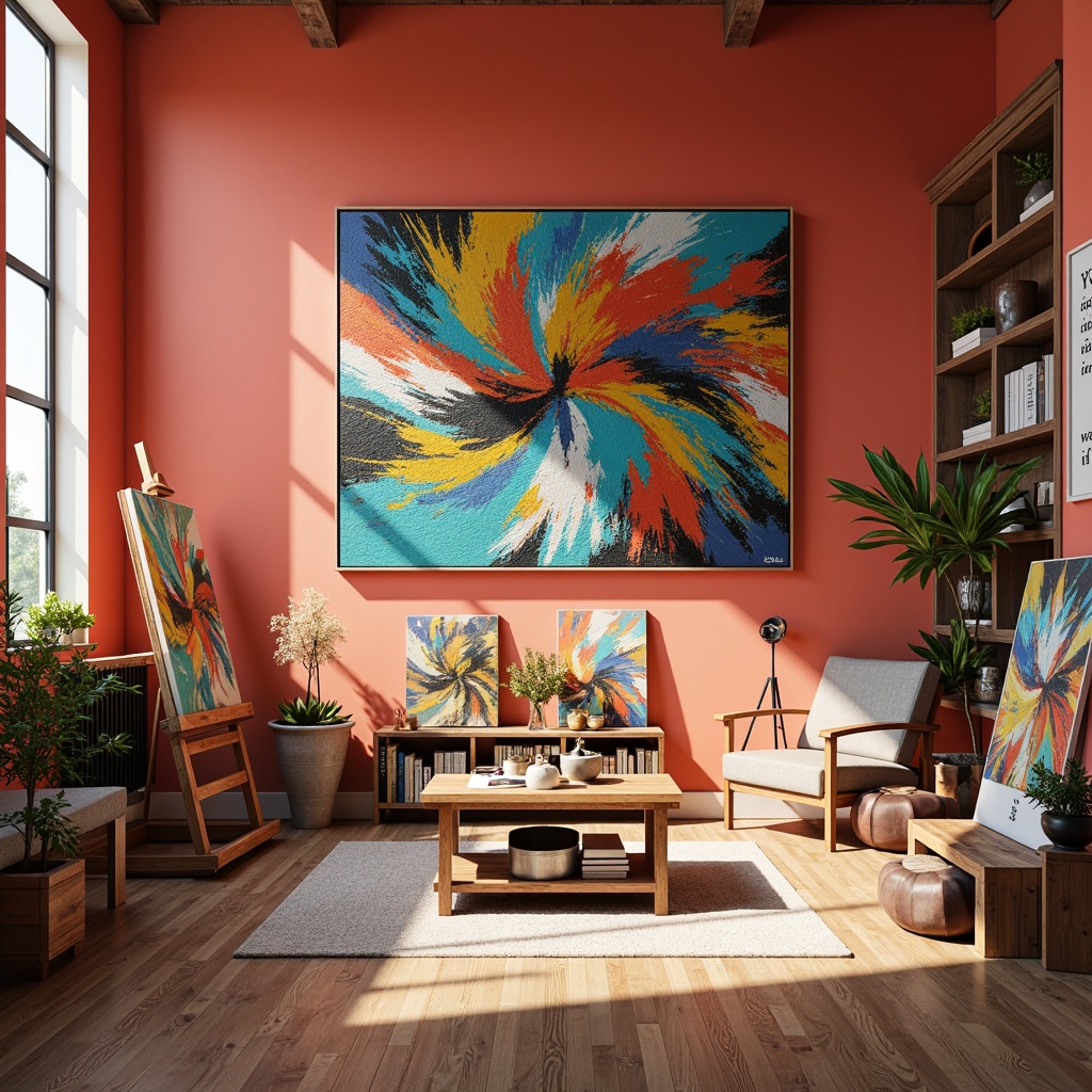 Prompt: Vibrant art studio, eclectic mix of colors, bold brushstrokes, abstract expressionism, textured canvases, artistic freedom, unlimited creativity, bright coral walls, sleek wooden floors, modern easels, natural light pouring in, comfortable seating areas, inspiring quotes, artistic collaborations, dynamic color blocking, contrasting hues, harmonious shades, 3/4 composition, panoramic view, realistic textures, ambient occlusion.