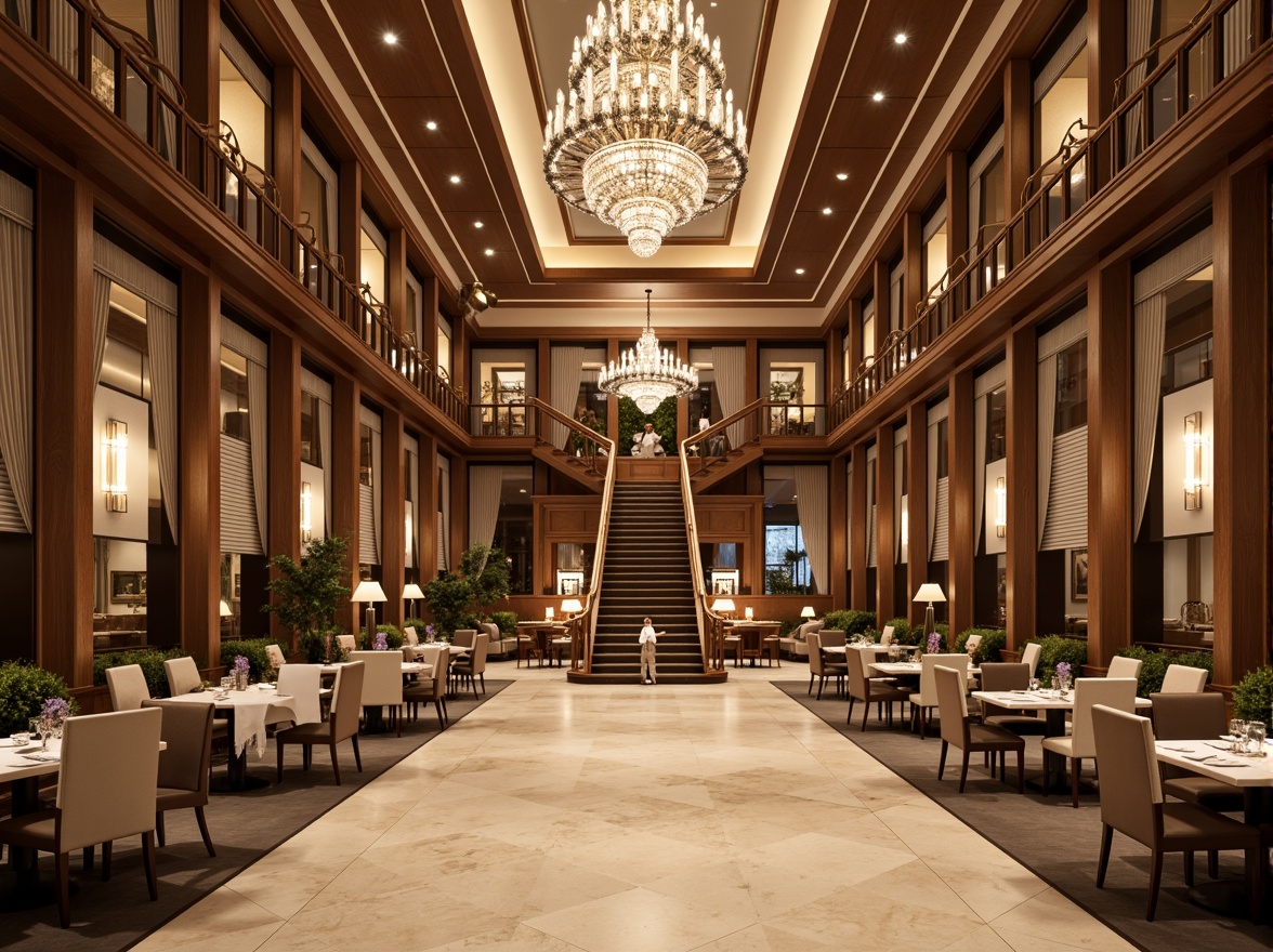 Prompt: Elegant dining hall, refined wooden furniture, luxurious chandeliers, spacious open layout, sophisticated color palette, cream marble floors, ornate mirrors, lavish curtains, soft warm lighting, 3/4 composition, atmospheric ambiance, realistic textures, ambient occlusion, symmetrical architecture, grand staircase, comfortable seating areas, stylish table settings, exquisite artwork displays.