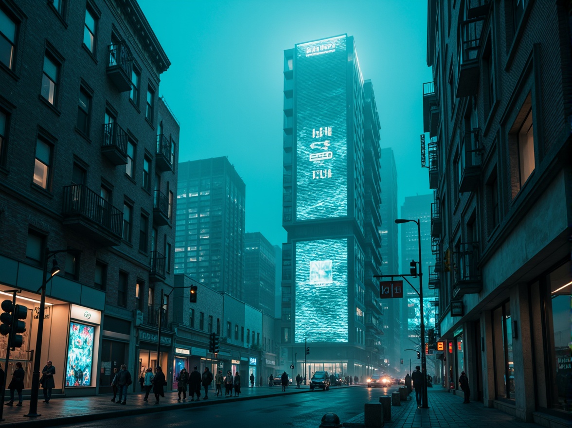 Prompt: Dark cyan futuristic cityscape, neon-lit skyscrapers, iridescent glass towers, holographic advertisements, misty evening atmosphere, moody lighting, shallow depth of field, 3/4 composition, cinematic perspective, realistic reflections, ambient occlusion, metallic surfaces, sleek lines, minimalist design, high-tech gadgetry, cyberpunk elements, atmospheric fog, vibrant neon signs, intricate circuit patterns.