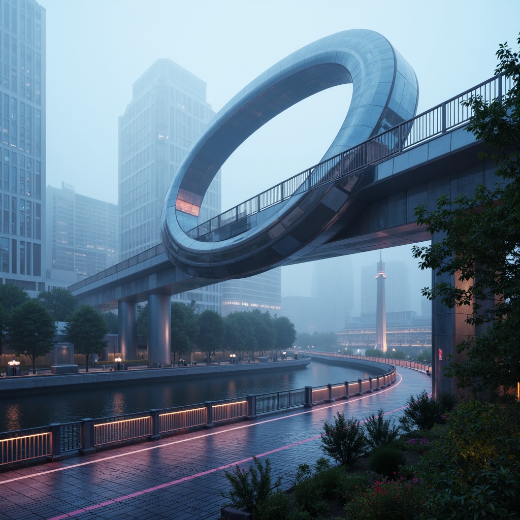 Prompt: Futuristic vehicular bridges, undulating curves, bulbous shapes, iridescent colors, metallic materials, glossy finishes, neon lights, misty atmosphere, foggy mornings, soft focus, shallow depth of field, 1/2 composition, low-angle view, cinematic lighting, vibrant accents, holographic displays, sleek railings, cantilevered structures, flowing water effects, urban landscapes, sci-fi inspirations.