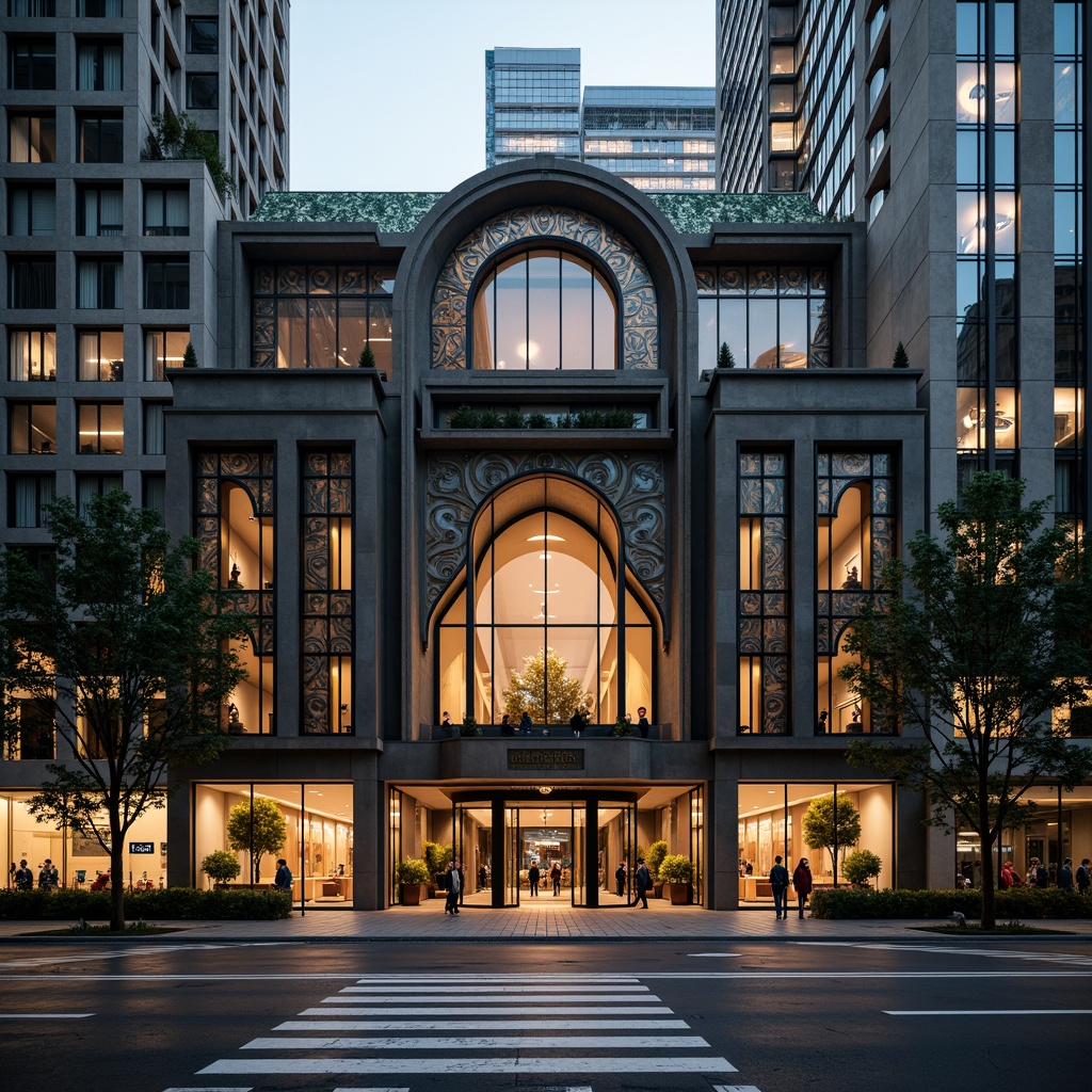 Prompt: Ornate bank building, constructivist fa\u00e7ade, geometric patterns, metallic materials, angular lines, bold shapes, urban cityscape, busy streets, modern skyscrapers, grand entrance, revolving doors, sleek glass surfaces, polished marble floors, intricate mosaics, monumental columns, ornate ceilings, dramatic lighting, high contrast shadows, 1/2 composition, low angle shot, cinematic mood, atmospheric perspective.