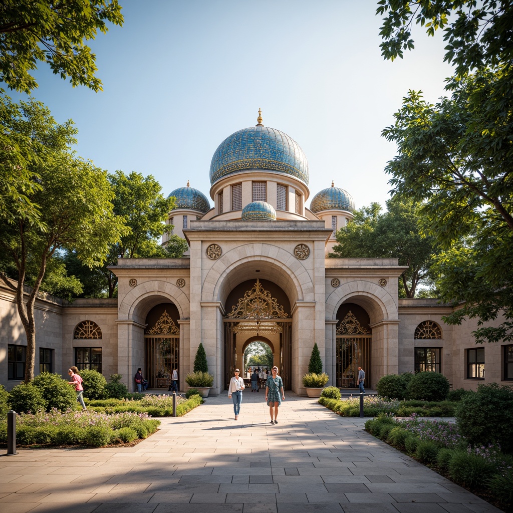 Prompt: Intricate stone carvings, ornate arches, grand entrance gates, Byzantine-inspired domes, vibrant mosaic patterns, golden accents, rustic stone walls, lush greenery, exotic animal enclosures, walking pathways, iron fencing, decorative lamp posts, warm sunny day, soft natural lighting, shallow depth of field, 3/4 composition, panoramic view, realistic textures, ambient occlusion.