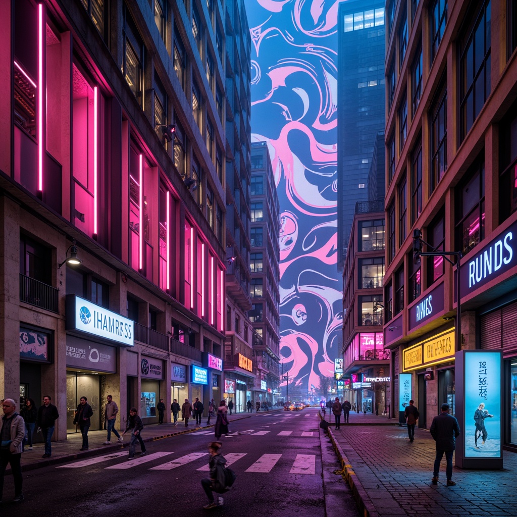 Prompt: Vibrant cityscape, abstract geometries, distorted forms, exaggerated shapes, bold color schemes, dynamic light installations, neon signs, LED strips, glowing accents, futuristic skyscrapers, asymmetrical structures, irregular patterns, textured concrete walls, metallic beams, industrial materials, moody atmospheric lighting, high-contrast shadows, dramatic spotlights, ambient luminescence, 3D projection mapping, immersive experiences, surreal ambiance, dreamlike atmosphere, low-poly renderings, stylized realism.