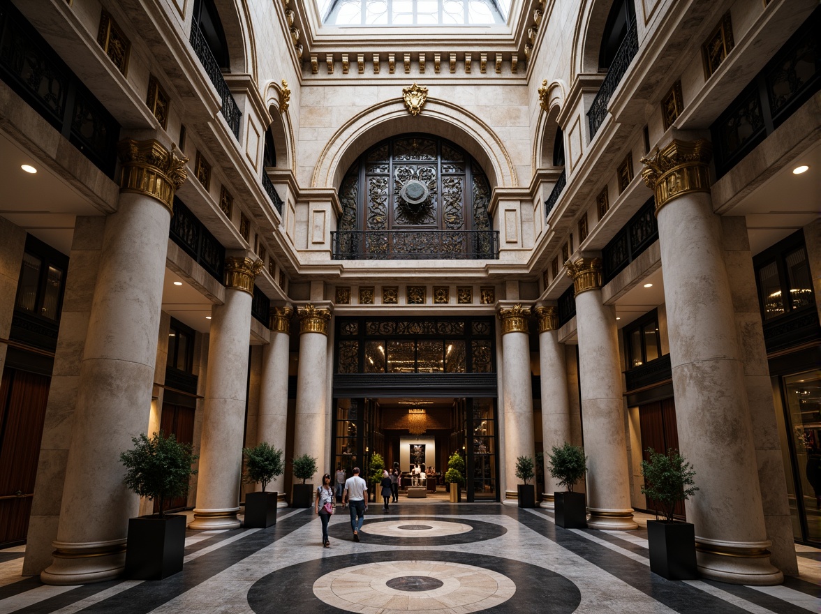 Prompt: Monumental bank building, grandiose fa\u00e7ade, ornate decorations, symmetrical composition, rusticated stone walls, imposing columns, grand arches, intricate moldings, metallic accents, bronze details, Art Deco patterns, geometric motifs, luxurious materials, high-contrast lighting, dramatic shadows, low-angle photography, cinematic atmosphere, 1/2 composition, narrow aperture, realistic textures, ambient occlusion.