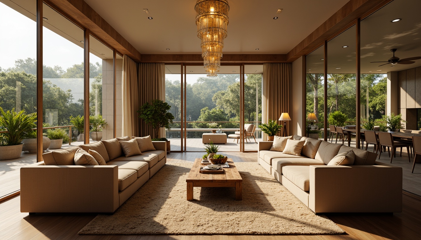 Prompt: Cozy living room, warm beige walls, plush velvet sofas, rustic wooden coffee tables, soft golden lighting, comfortable throw pillows, natural fiber rugs, elegant chandeliers, floor-to-ceiling windows, lush greenery views, calming water features, serene ambiance, 1/1 composition, shallow depth of field, realistic textures, ambient occlusion.