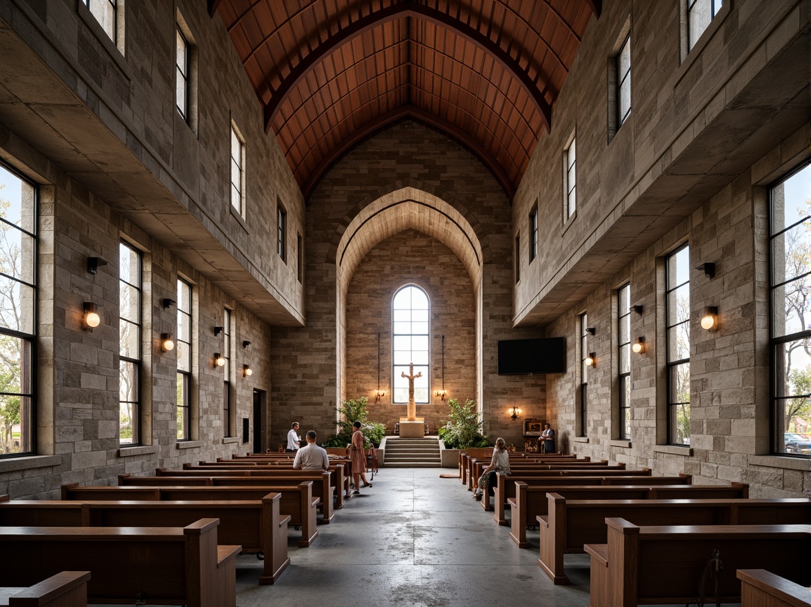 Prompt: Concrete brutalist church, rugged stone fa\u00e7ade, weathered copper accents, industrial metal beams, exposed ductwork, minimalist stained glass windows, earthy tone color palette, muted beige stones, rusty red brick, dark grey concrete, soft warm lighting, dramatic shadows, high contrast ratio, symmetrical composition, central nave, vaulted ceiling, ornate wooden pews, abstract geometric patterns, distressed textures, cinematic atmosphere.