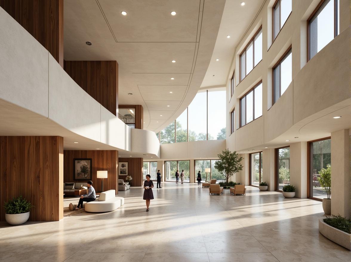 Prompt: Streamlined moderne building, curved lines, sleek metal accents, large windows, minimalist aesthetic, neutral color palette, creamy whites, soft grays, taupe tones, rich wood textures, polished marble floors, ambient warm lighting, shallow depth of field, 3/4 composition, realistic reflections, subtle gradient effects.