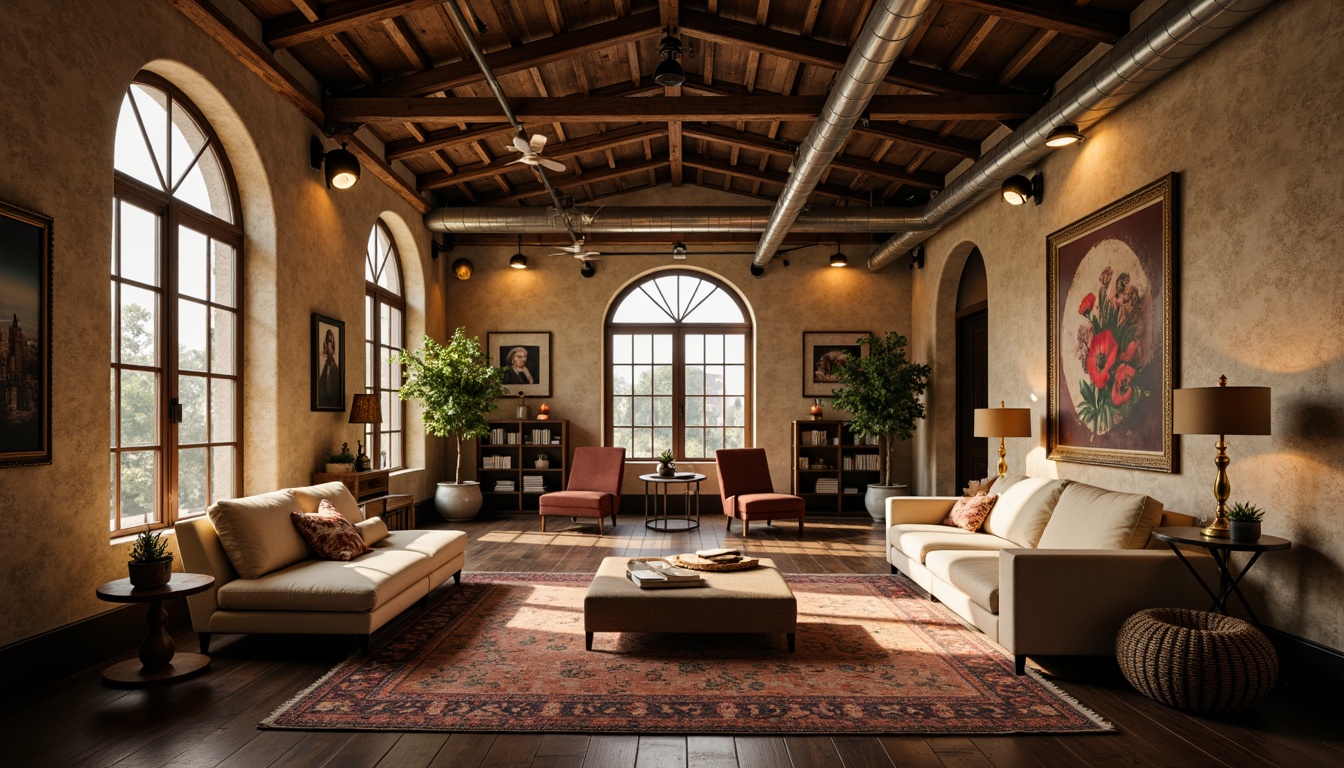 Prompt: Earth-toned loft interior, warm beige walls, rustic wooden beams, industrial metal accents, exposed brick surfaces, soft cream-colored furniture, distressed leather upholstery, rich velvet fabrics, ornate golden lighting fixtures, grand arched windows, vintage decorative accessories, warm candlelight ambiance, cozy reading nooks, intimate gathering spaces, dramatic high ceilings, eclectic artwork collections, moody atmospheric shadows, cinematic 2.35