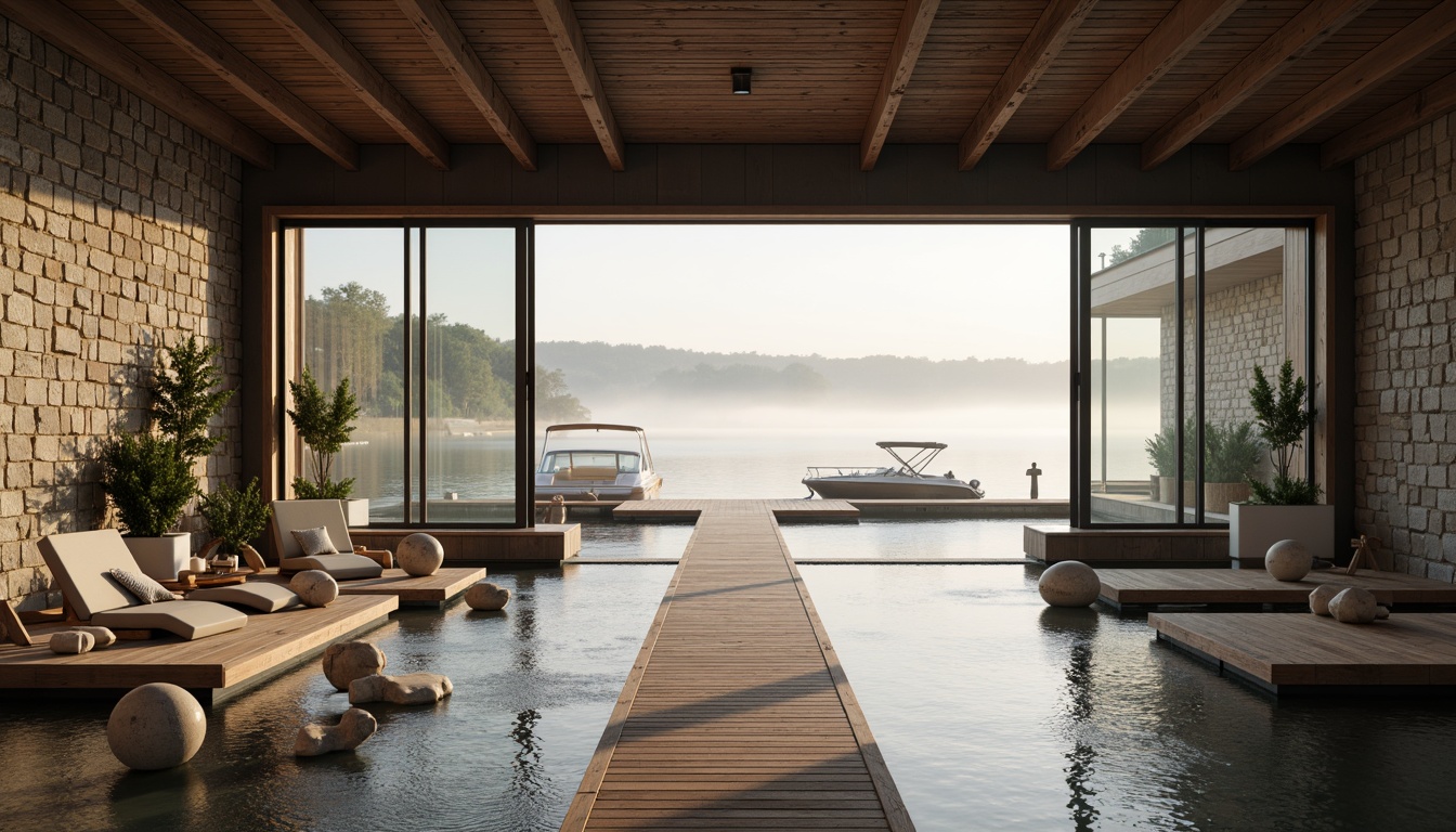 Prompt: Waterfront boathouse, expansive open decks, wooden dock systems, nautical themed decor, rustic wood accents, floor-to-ceiling windows, sliding glass doors, panoramic lake views, natural stone walls, minimalist interior design, industrial metal beams, polished concrete floors, warm ambient lighting, soft focus photography, 1/1 composition, atmospheric misty morning, serene water reflections.