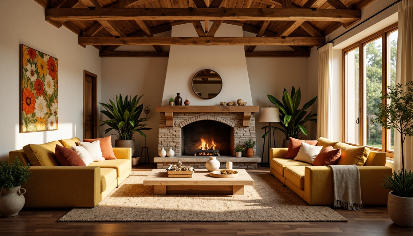 Prompt: Cozy living room, warm beige walls, plush velvet sofa, soft golden lighting, rustic wooden accents, natural stone fireplace, earthy terracotta pots, lush greenery, vibrant floral patterns, comfortable seating areas, relaxing ambiance, calming atmosphere, warm color tones, inviting textures, 1/1 composition, shallow depth of field, realistic renderings.