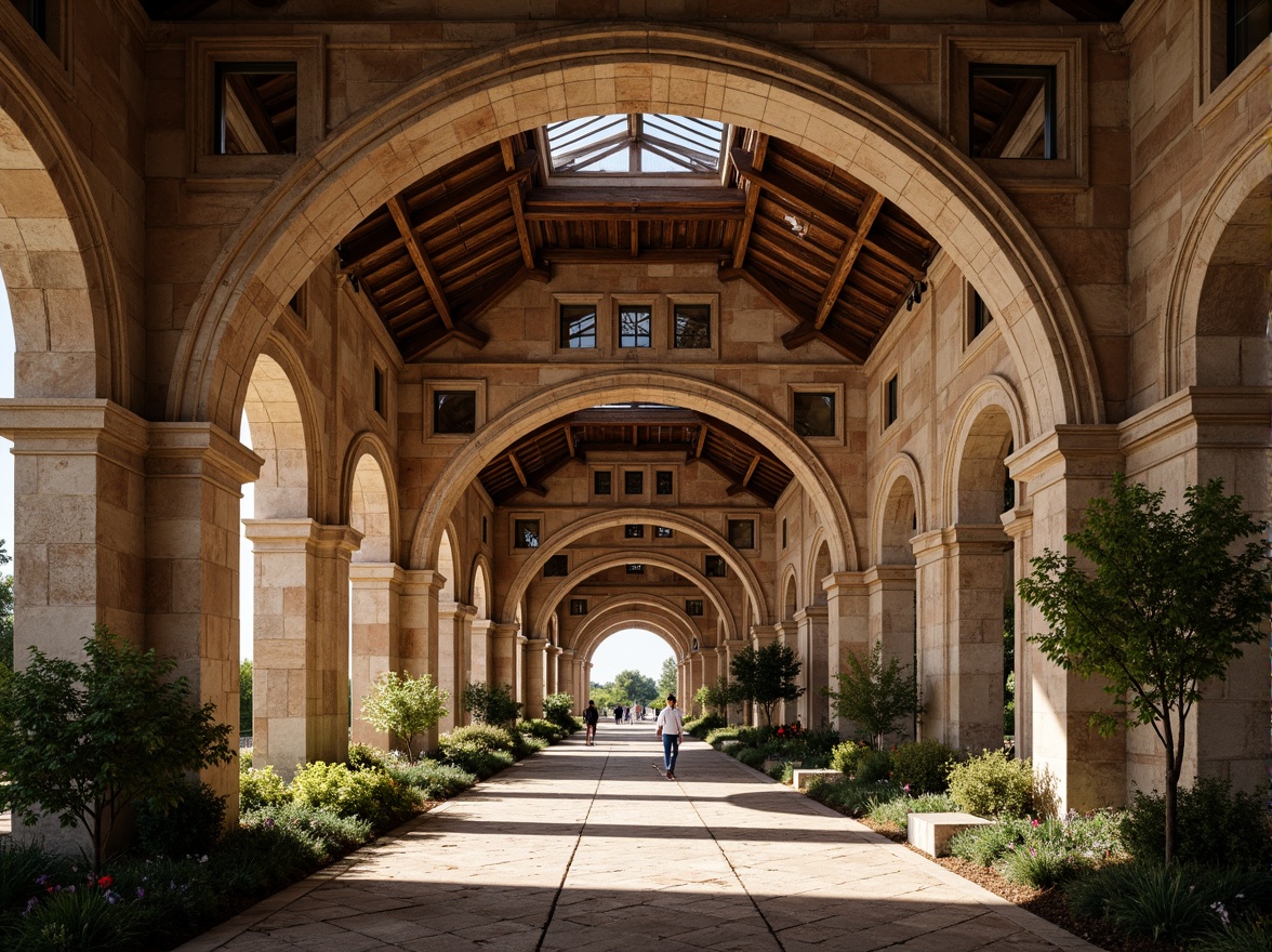 Prompt: Grand archways, rustic stone walls, ornate carvings, vaulted ceilings, majestic columns, intricate frescoes, warm earthy tones, distressed wooden beams, ornamental ironworks, lush greenery, natural light pouring through clerestory windows, soft warm lighting, shallow depth of field, 3/4 composition, realistic textures, ambient occlusion.