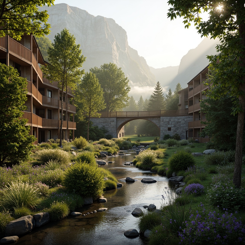 Prompt: Serene meandering streams, lush green forests, majestic mountains, rustic wooden bridges, weathered stone walls, vibrant wildflowers, soft misty atmosphere, warm golden lighting, shallow depth of field, 3/4 composition, panoramic view, realistic textures, ambient occlusion, organic architecture, curved lines, natural materials, earthy tones, sustainable design, eco-friendly infrastructure, minimal human impact.