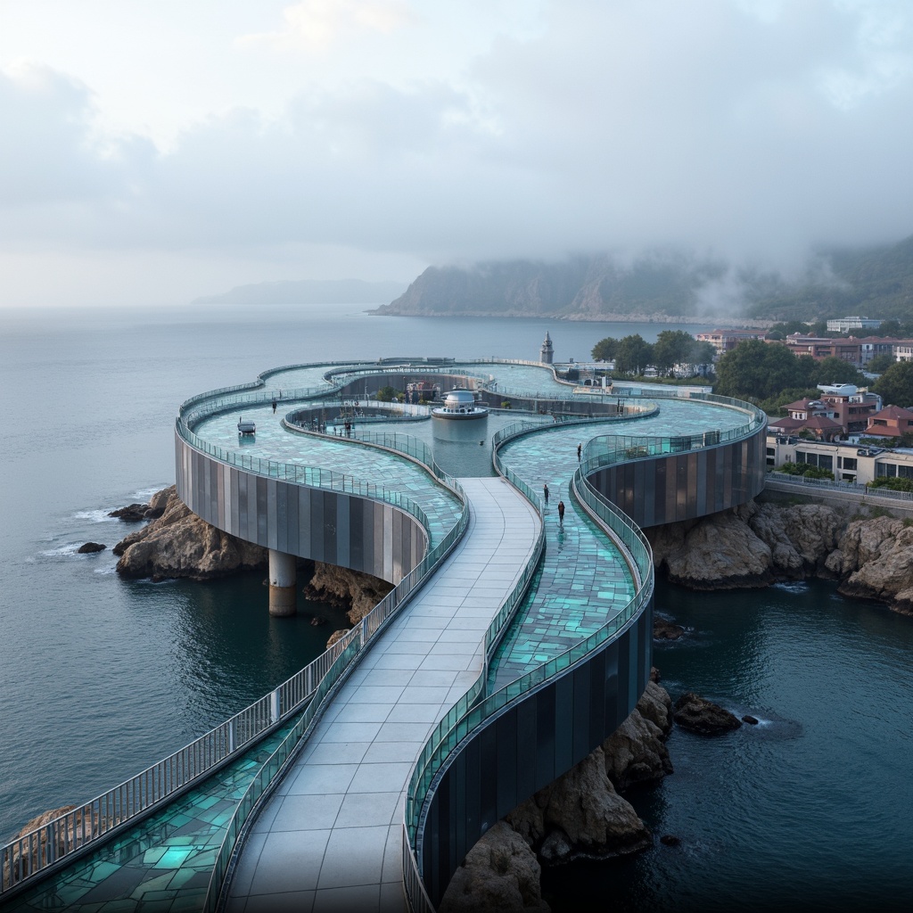 Prompt: Curved coastal bridge, undulating blob-like shape, reflective stainless steel surface, iridescent glass railings, ocean-inspired wavy patterns, futuristic architecture, cantilevered sections, dynamic lighting systems, misty ocean air, sea salt corrosion protection, sustainable building materials, wind-resistant design, panoramic ocean views, 3/4 composition, shallow depth of field, soft natural light, ambient occlusion.