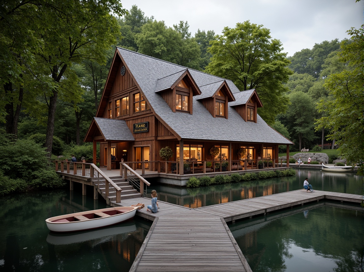 Prompt: Rustic boathouse, wooden docks, tranquil lake scenery, surrounding lush greenery, vintage nautical elements, distressed wood textures, earthy color palette, angular rooflines, symmetrical facades, educational signage, traditional academic architectural style, ornate detailing, copper accents, warm soft lighting, shallow depth of field, 1/1 composition, realistic water reflections, ambient occlusion.