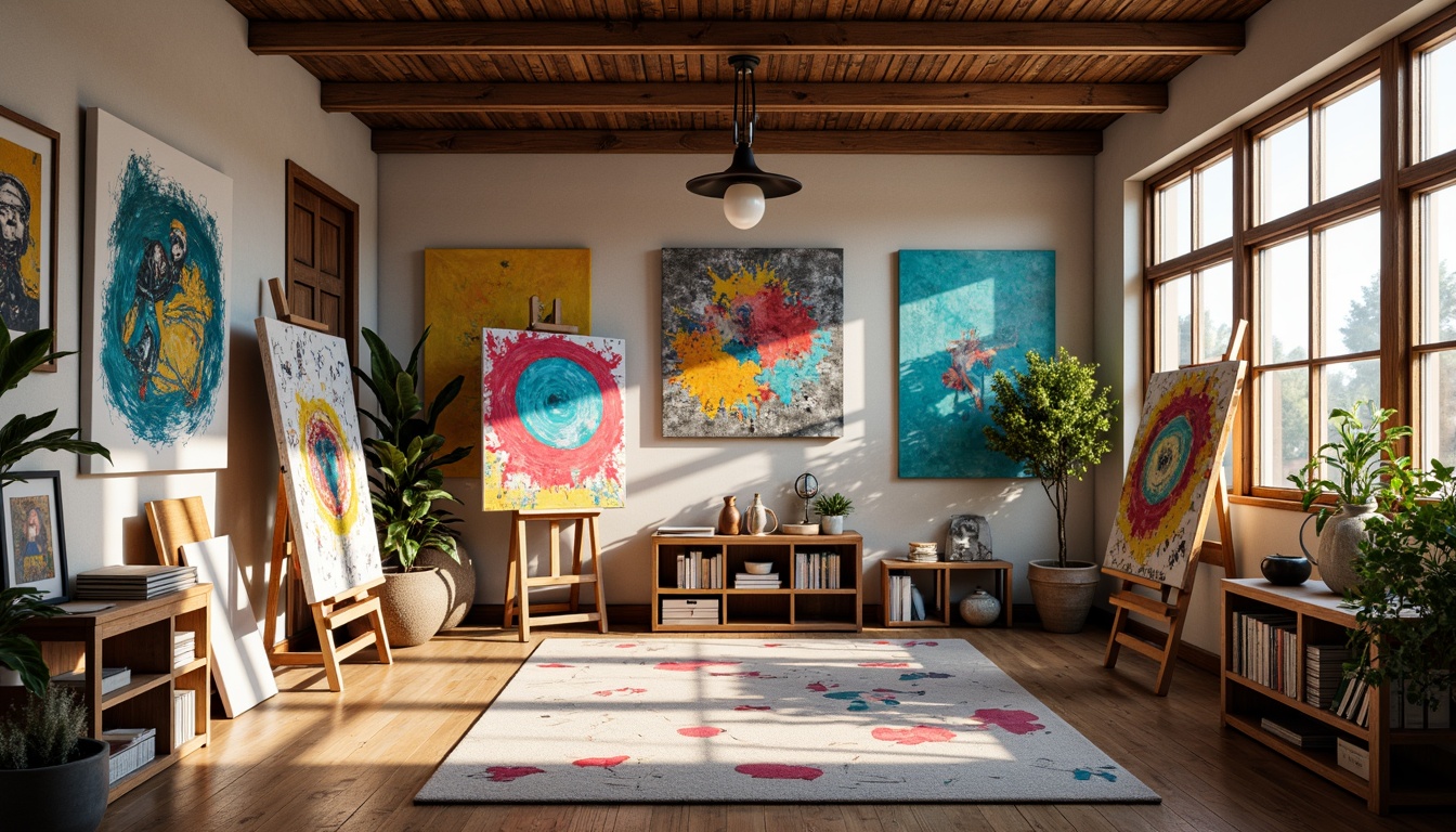 Prompt: Vibrant art studio, eclectic color palette, bold brushstrokes, textured canvases, artistic easels, abstract expressionism, contemporary artwork, neutral background walls, natural light pouring in, wooden floorboards, cozy reading nook, warm ambient lighting, 1/2 composition, soft focus effect, realistic color blending.