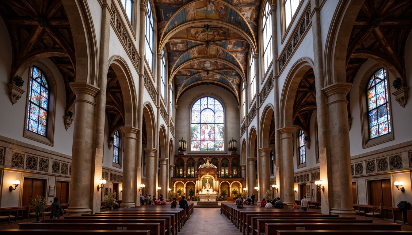 Prompt: Grandiose cathedral, majestic arches, rustic stone walls, ornate carvings, vibrant stained glass windows, intricate vaulted ceilings, imposing columns, ornamental capitals, lavish frescoes, richly textured stonework, earthy tones, warm ambient lighting, dramatic shadows, low-angle photography, atmospheric perspective, detailed architectural renderings.