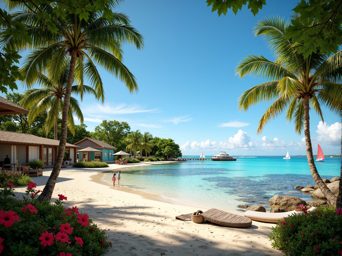 Prompt: Vibrant tropical island, lush green palm trees, exotic hibiscus flowers, warm sandy beaches, crystal-clear turquoise water, colorful beach balls, sailboats, seaside promenade, rustic wooden docks, vibrant coral reefs, sunny day, soft warm lighting, shallow depth of field, 1/1 composition, realistic textures, ambient occlusion, pastel-colored beach houses, eclectic surfboards, lively reggae music.