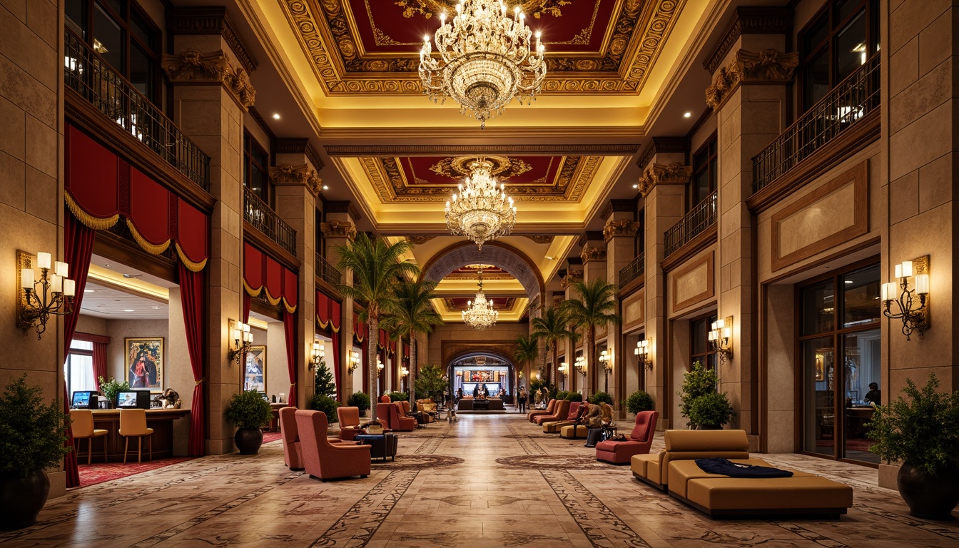 Prompt: Grand casino entrance, ornate stone carvings, rusticated walls, arched windows, grandiose doors, intricately patterned floors, lavish chandeliers, rich velvet drapes, golden accents, ornamental balustrades, majestic columns, classical statues, intricate moldings, warm ambient lighting, shallow depth of field, 2/3 composition, symmetrical layout, realistic textures, ambient occlusion.