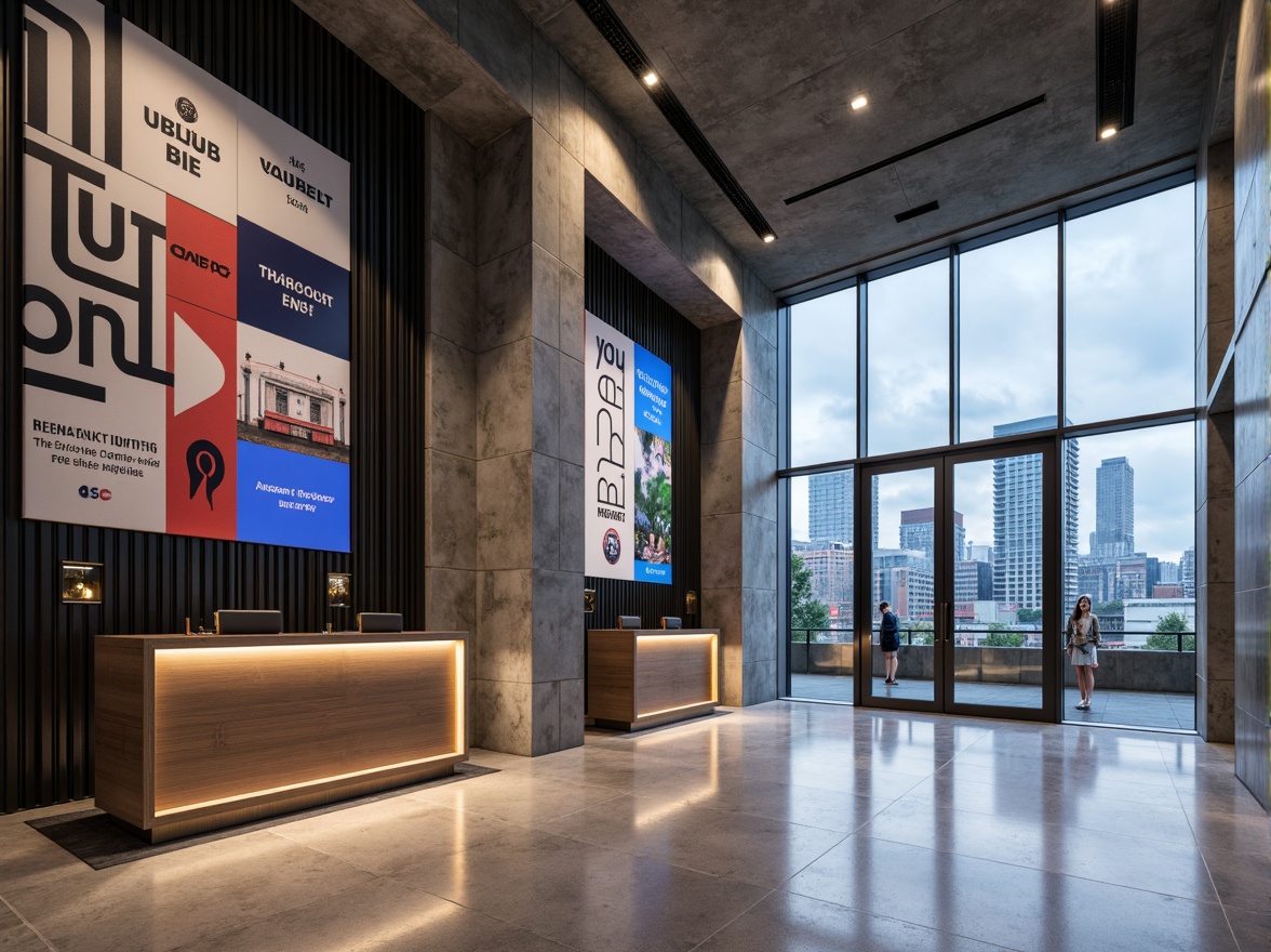 Prompt: Monochromatic bank interior, concrete brutalist architecture, industrial metal accents, minimalist d\u00e9cor, neutral color palette, shades of gray, beige, and blue, pops of bright red, bold typography, geometric patterns, abstract art pieces, modern LED lighting, sleek glass surfaces, polished marble floors, urban cityscape views, cloudy day, soft diffused lighting, shallow depth of field, 1/1 composition, realistic textures, ambient occlusion.