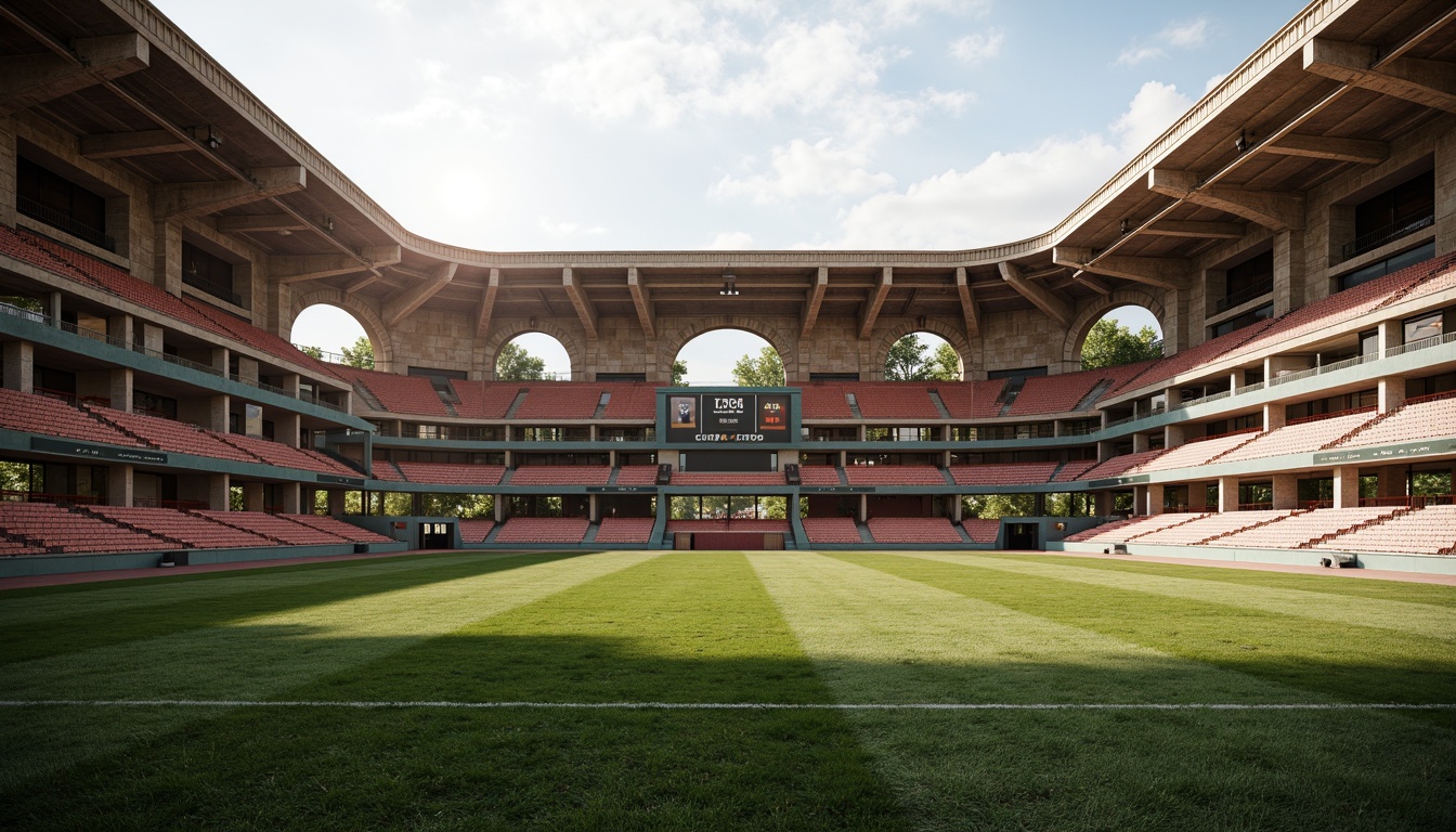 Prompt: Grandstand seating, historic athletic facilities, classic Roman arches, ornate stone columns, lush green grass, sports track lanes, vintage scoreboard, nostalgic stadium lights, warm afternoon sunlight, soft focus effect, 1/2 composition, symmetrical framing, realistic crowd simulation, ambient occlusion, subtle texture details.Please let me know if this meets your requirements.