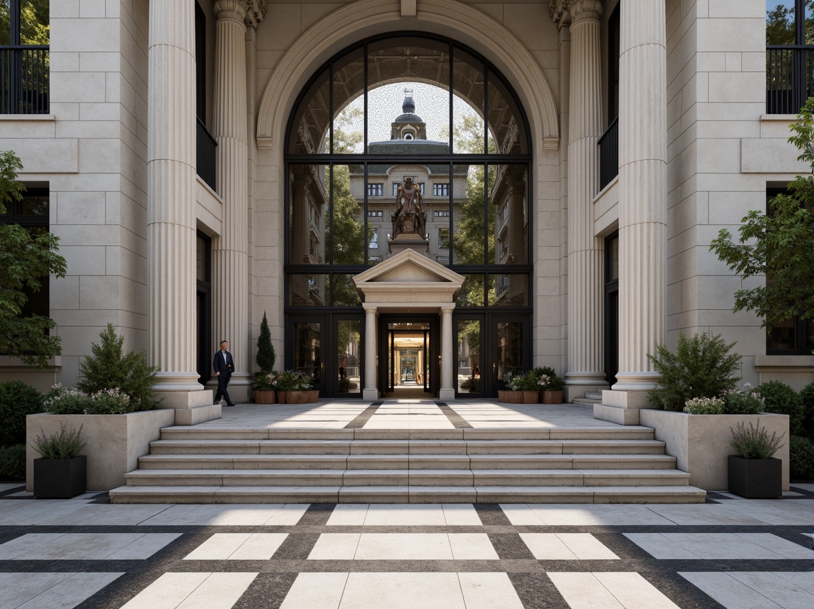 Prompt: Monumental courthouse building, grand entrance staircase, imposing columns, symmetrical facade composition, ornate metalwork details, elegant clock tower, modernist architectural style, clean lines, minimalist ornamentation, limestone exterior walls, granite flooring, high ceilings, natural light flooding, dramatic shadows, low-angle photography, 1/1 composition, strong geometric shapes, subtle texture variations, atmospheric misting effects.