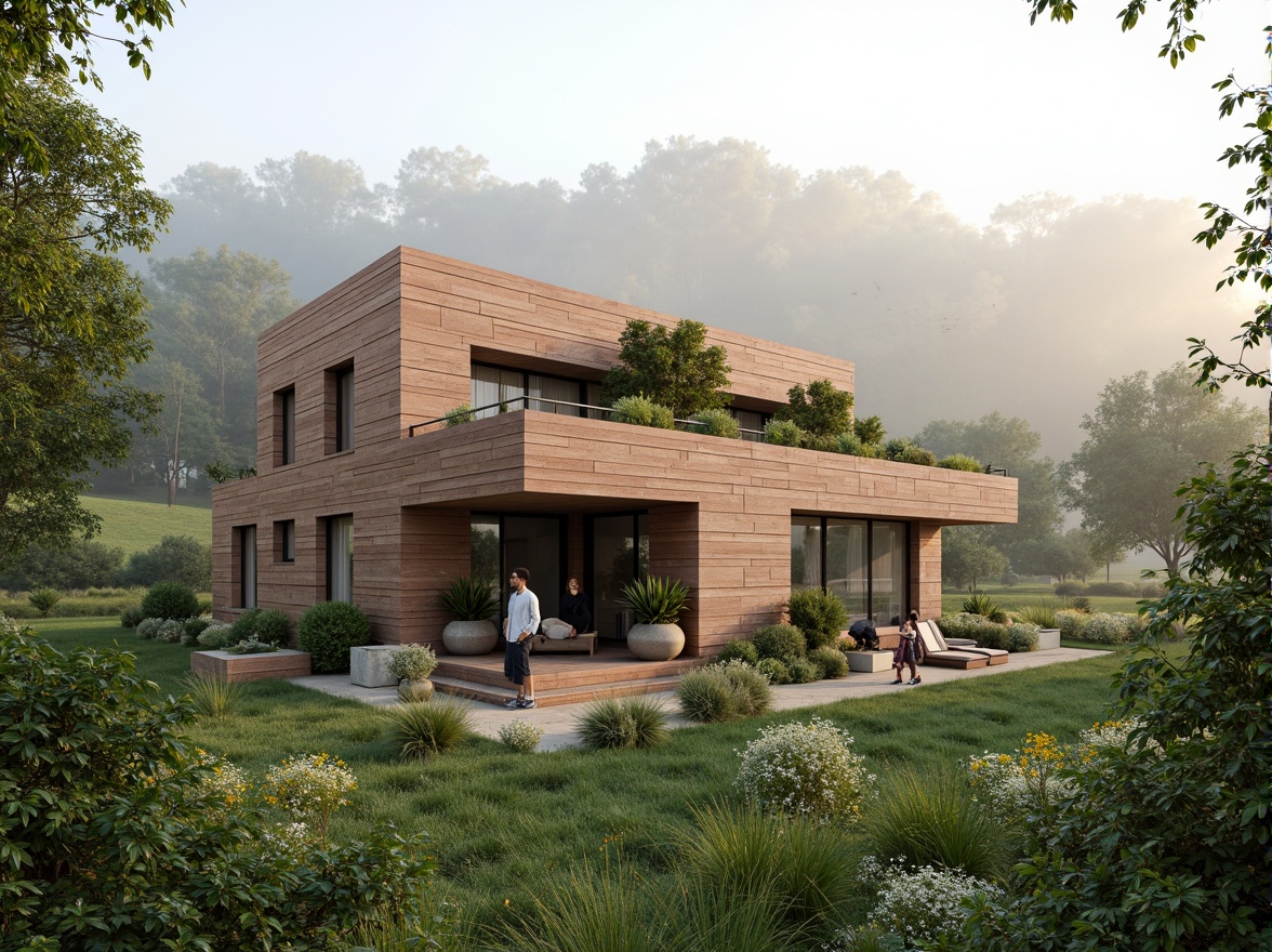 Prompt: Eco-friendly residence, recycled wood facade, solar panels, green roofs, living walls, rainwater harvesting systems, composting facilities, bamboo flooring, low-VOC paint, energy-efficient appliances, double glazing, natural ventilation, organic gardens, wildflower meadows, misty morning atmosphere, soft warm lighting, shallow depth of field, 1/1 composition, realistic textures, ambient occlusion.