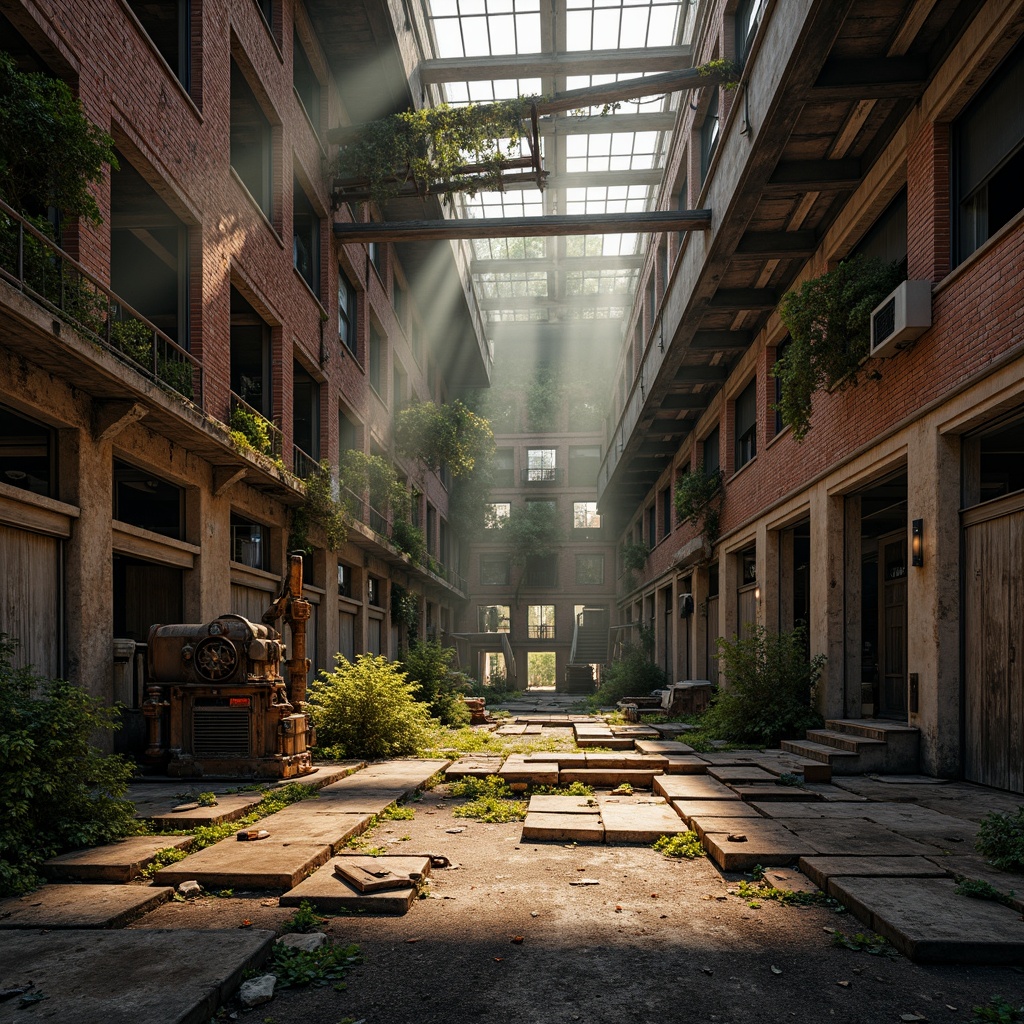 Prompt: Rustic industrial landscape, abandoned factories, crumbling brick walls, distressed metal frames, overgrown vegetation, broken machinery, vintage factory equipment, worn wooden floors, exposed ductwork, steel beams, reinforced concrete structures, brutalist architecture, functional minimalism, earthy color palette, natural light pouring through skylights, high contrast shadows, dramatic atmospheric perspective, 1-point perspective composition, warm golden hour lighting, gritty realistic textures, ambient occlusion.