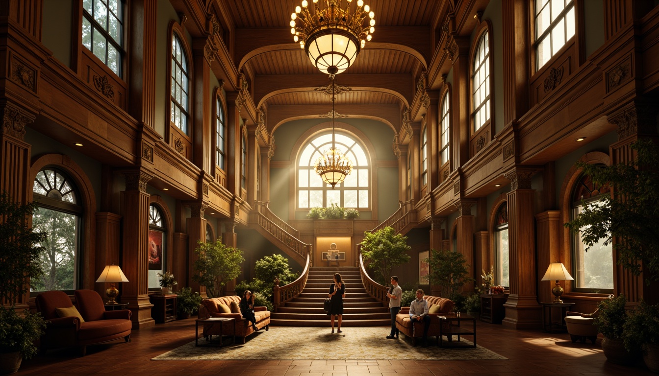 Prompt: Grand Gothic hotel lobby, high vaulted ceilings, ornate chandeliers, rich wooden paneling, intricate stone carvings, majestic staircases, lavish furnishings, opulent drapery, stained glass windows, mysterious ambiance, warm golden lighting, dramatic shadows, 1/2 composition, low angle shot, atmospheric fog, mystical textures, cinematic color grading.