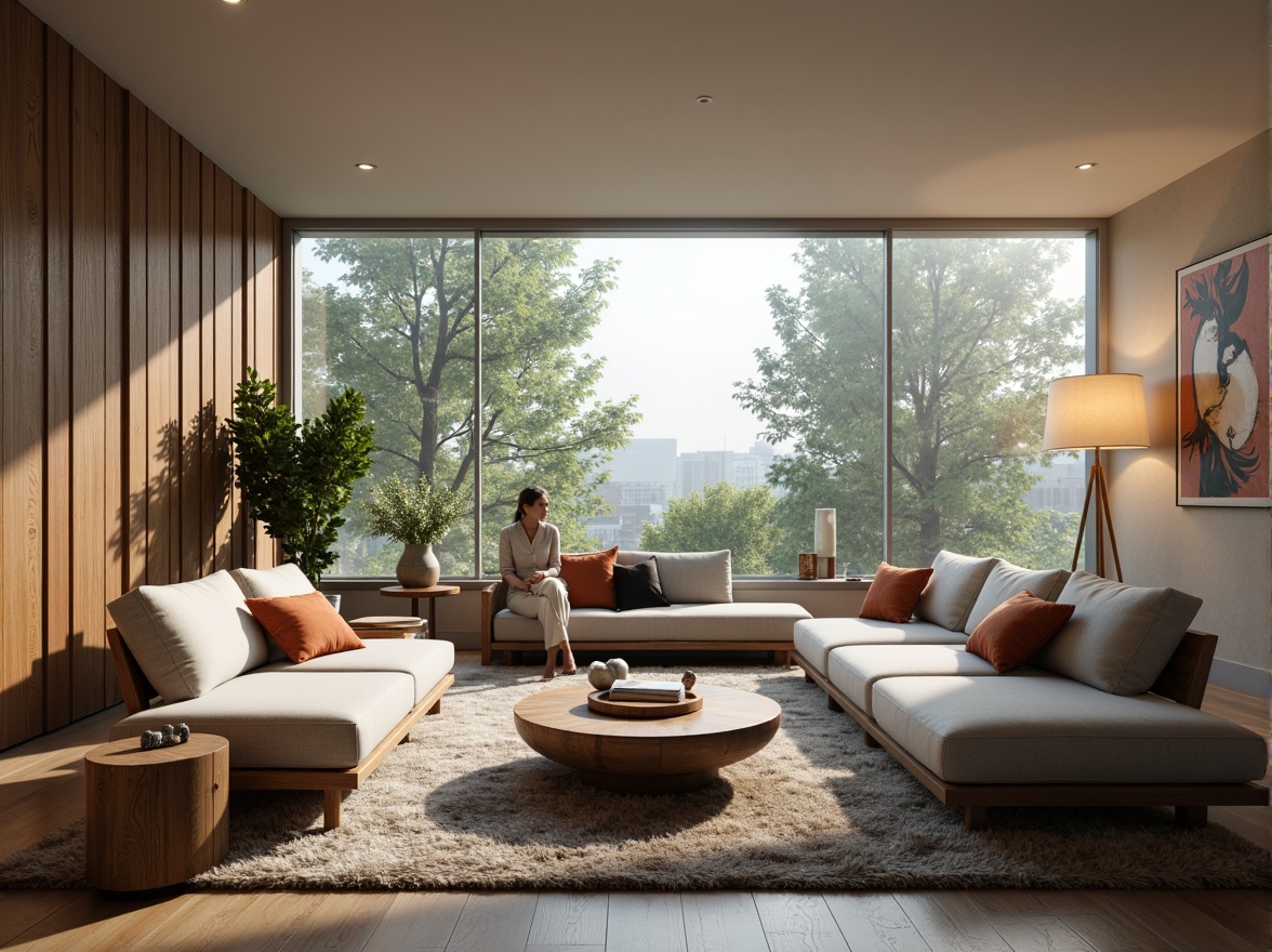 Prompt: Cozy living room, comfortable sofas, wooden coffee tables, floor lamps, plush rugs, neutral color palette, modern minimalist decor, large windows, natural light, open-plan layout, functional zones, ergonomic furniture, adjustable lighting systems, soft ambient glow, 1/1 composition, shallow depth of field, warm atmosphere, inviting textures.