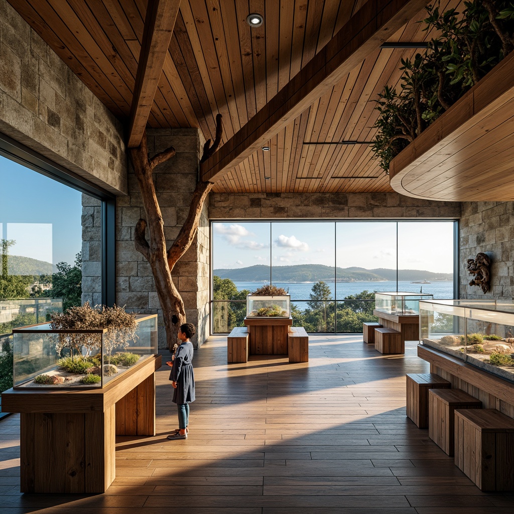 Prompt: Rustic coastal visitor center, weathered wood accents, driftwood decorations, ocean-inspired color palette, sea salt-weathered stone walls, curved lines, natural materials, reclaimed wood flooring, nautical-themed accessories, glass railings, panoramic ocean views, soft warm lighting, shallow depth of field, 3/4 composition, realistic textures, ambient occlusion, educational exhibits, interactive displays, immersive experiences, coastal ecosystem dioramas, marine life displays.