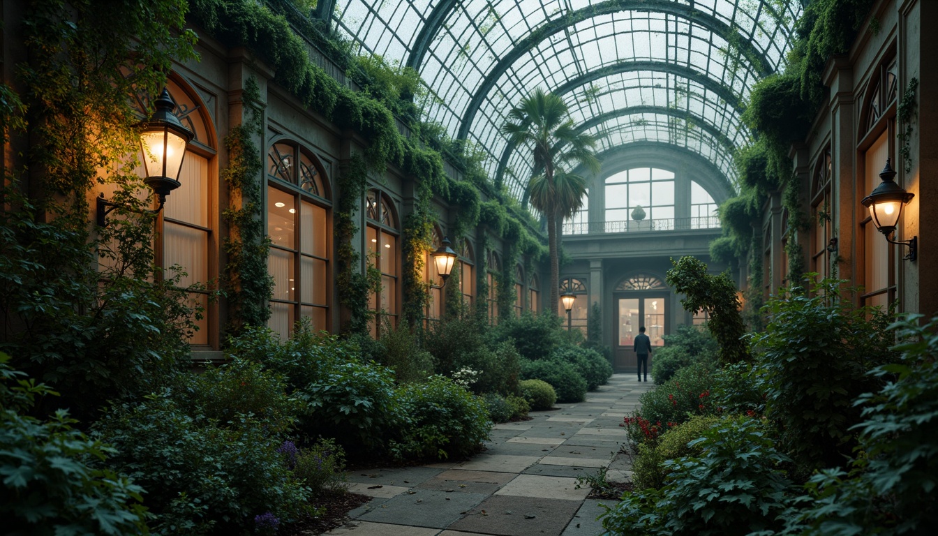 Prompt: Mysterious greenhouse, overgrown vegetation, twisted vines, eerie fog, worn stone walls, stained glass windows, ornate metalwork, mystical lanterns, ivy-covered turrets, moss-draped gargoyles, misty ambiance, warm soft lighting, subtle color grading, mysterious shadows, 2/3 composition, cinematic atmosphere, intricate textures, atmospheric perspective.