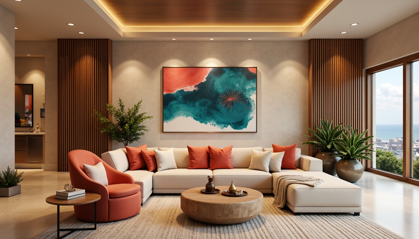 Prompt: Vibrant modern interior, sleek minimalist furniture, rich wood accents, bold abstract artwork, neutral beige walls, pops of bright coral, deep teal blue, warm golden lighting, soft creamy textures, luxurious velvet fabrics, metallic gold details, 3/4 composition, shallow depth of field, realistic reflections, ambient occlusion.