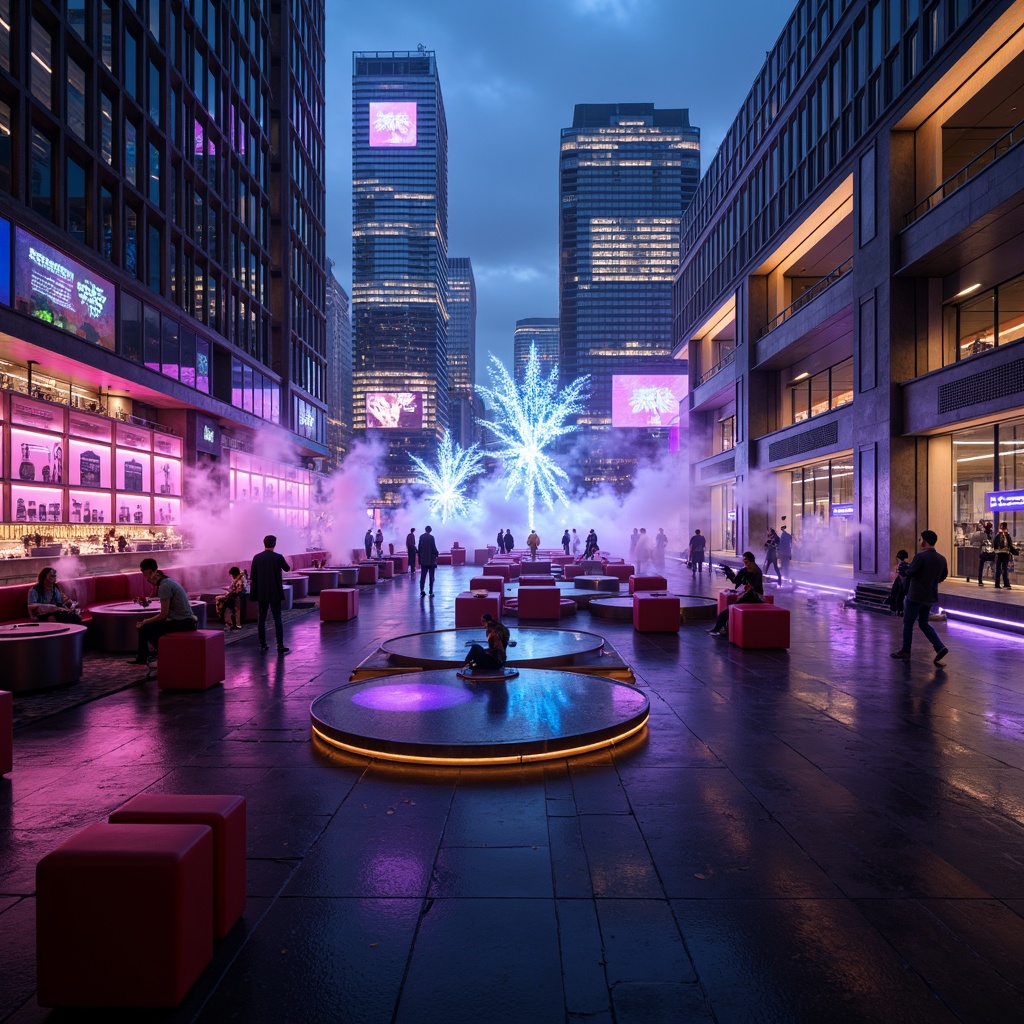 Prompt: Neon-lit cityscape, towering skyscrapers, holographic advertisements, futuristic bar design, metallic surfaces, LED lighting, minimalist seating areas, circular bars, robotic bartenders, virtual reality experiences, cyberpunk-inspired decor, glowing cocktails, atmospheric smoke effects, misty ambiance, shallow depth of field, 1/1 composition, low-angle shot, vibrant color grading, realistic reflections.