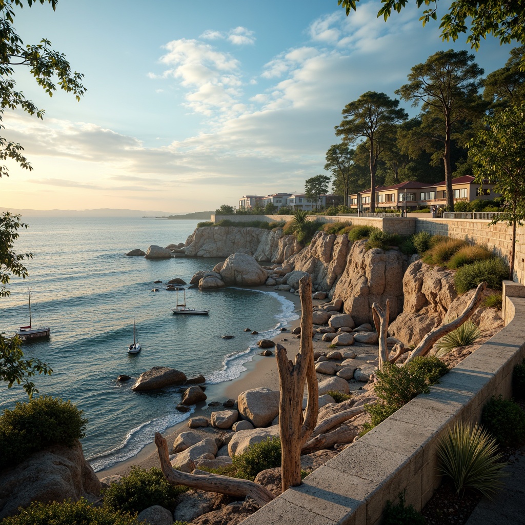 Prompt: Seaside cliffside, ocean views, salty sea air, rugged rocky shores, sandy beaches, driftwood sculptures, weathered wooden docks, sailboats, lighthouses, beachside promenades, coastal pathways, rustic stone walls, wind-swept trees, nautical ropes, seashells, ocean-inspired color palette, blue-green hues, natural textures, realistic weathering, misty atmospheric effects, 1/2 composition, cinematic lighting, warm sunset glow.