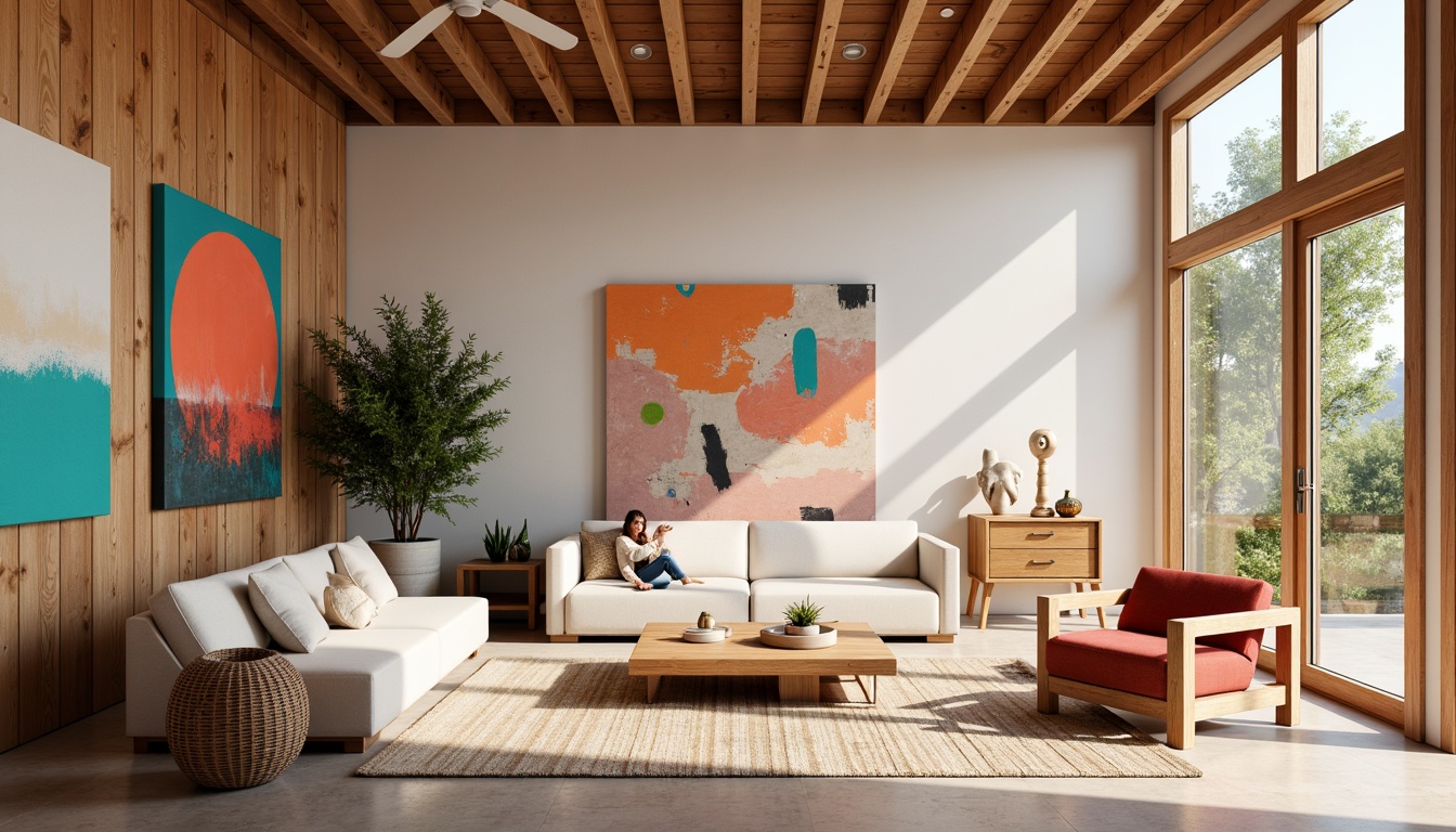 Prompt: Vibrant artistic studio, natural wood accents, earthy tone walls, bold brushstroke artworks, eclectic furniture pieces, abstract sculptures, floor-to-ceiling windows, diffused warm lighting, 1/1 composition, realistic textures, ambient occlusion, pastel color scheme, creamy whites, rich turquoise, deep coral, muted gold, soft peach, monochromatic gradient.