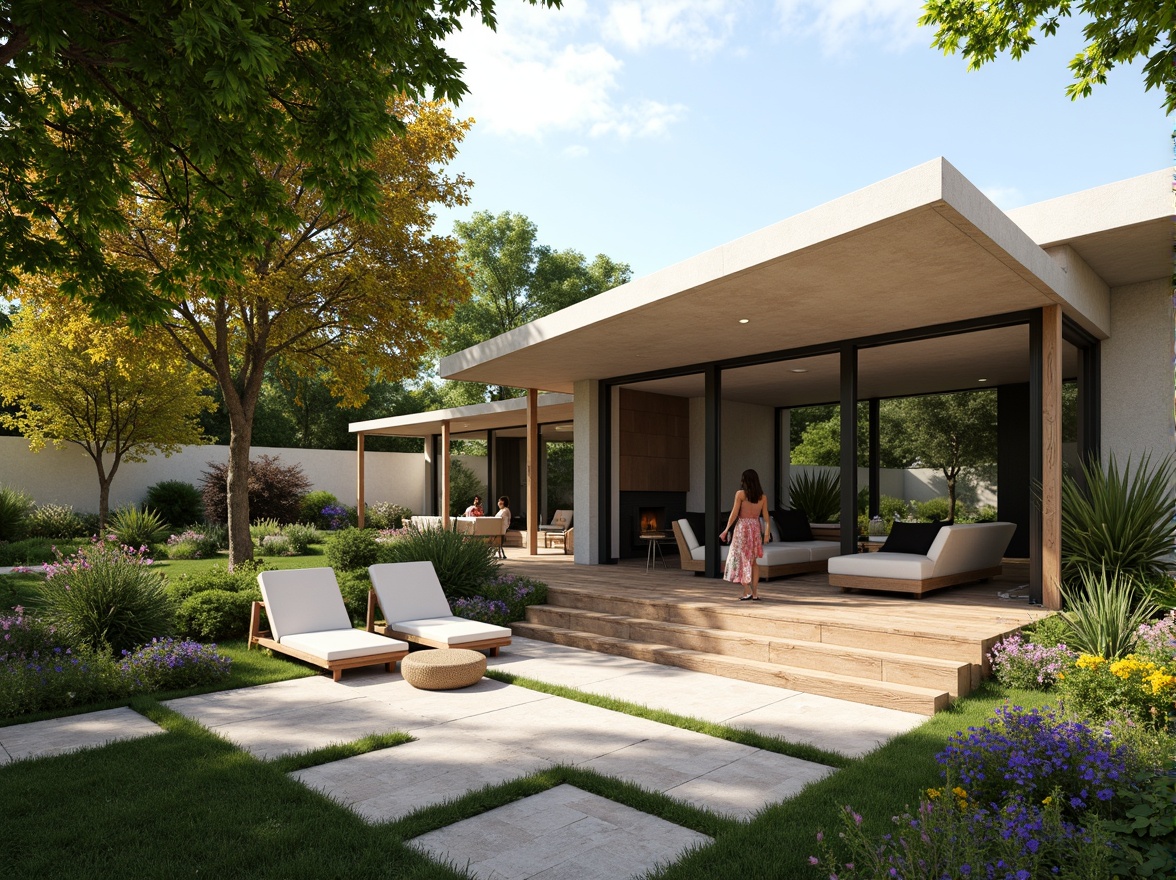 Prompt: Sleek modern residence, floor-to-ceiling windows, sliding glass doors, seamless indoor-outdoor transition, lush greenery, vibrant flowers, natural stone patio, wooden decking, comfortable outdoor seating, shaded areas, cantilevered rooflines, minimalist architecture, earthy tone color scheme, warm sunny day, soft diffused lighting, 1/1 composition, realistic textures, ambient occlusion.