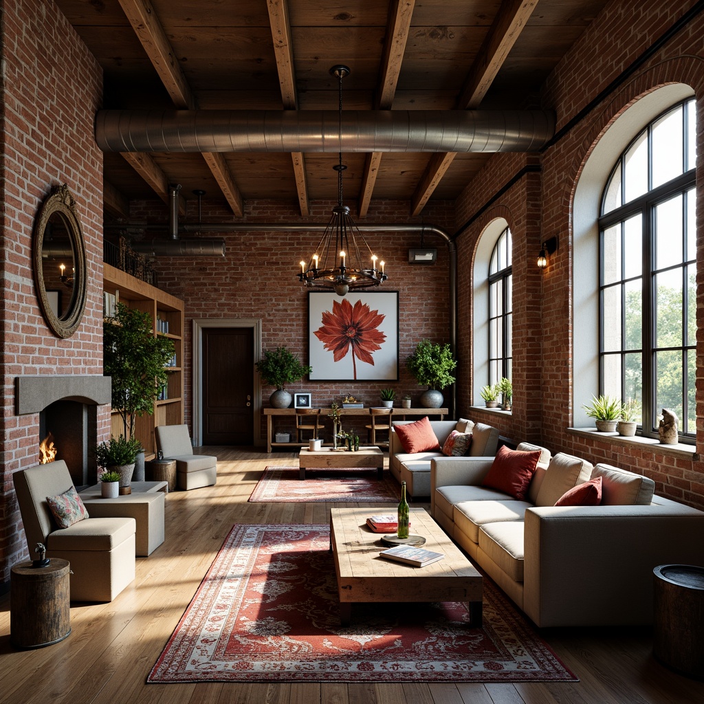 Prompt: Exposed brick walls, high ceilings, wooden beams, industrial pipes, distressed wood floors, minimalist furniture, eclectic decorative items, vintage artifacts, soft warm lighting, cozy reading nooks, plush area rugs, comfortable sectional sofas, reclaimed wood coffee tables, metal accents, urban loft atmosphere, Romanesque arches, ornate stone carvings, grand chandeliers, luxurious velvet drapes, rich jewel-toned colors, 1/1 composition, dramatic shadows, ambient occlusion.