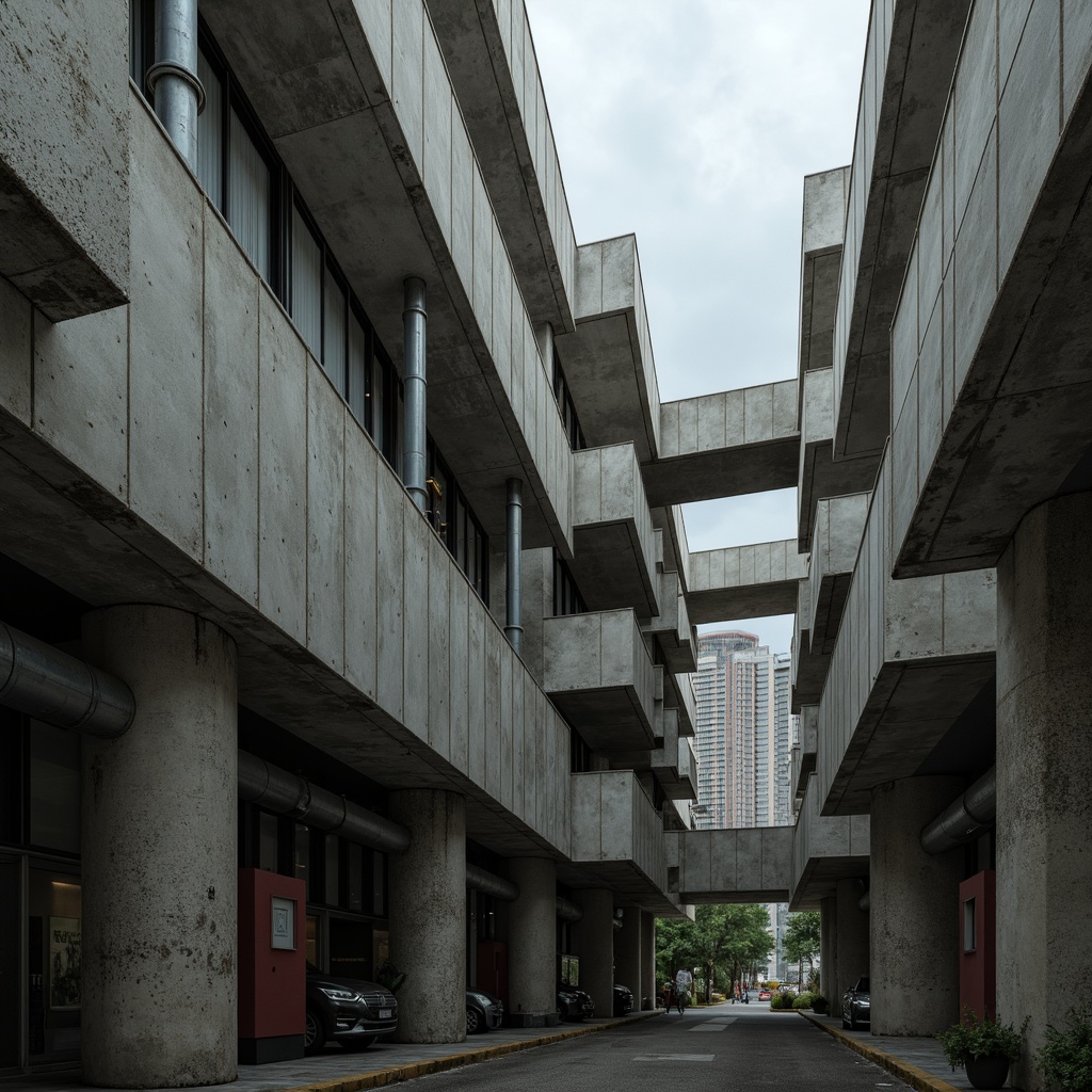 Prompt: Brutalist concrete structures, rugged stone walls, angular metallic beams, industrial-style pipes, distressed wood accents, raw unfinished textures, dramatic cantilevered roofs, monumental columns, monochromatic color schemes, harsh overhead lighting, atmospheric misting effects, urban cityscape backgrounds, moody overcast skies, cinematic 3/4 composition, realistic ambient occlusion, high-contrast rendering.