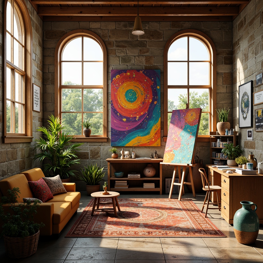 Prompt: Vibrant art studio, eclectic color palette, bold brushstrokes, textured canvas, warm golden lighting, rustic wooden easel, artistic supplies, paint-splattered apron, colorful ceramic vases, inspirational quotes, natural stone flooring, cozy reading nook, comfortable seating area, large windows, soft diffused light, 1/1 composition, intimate atmosphere, realistic renderings.