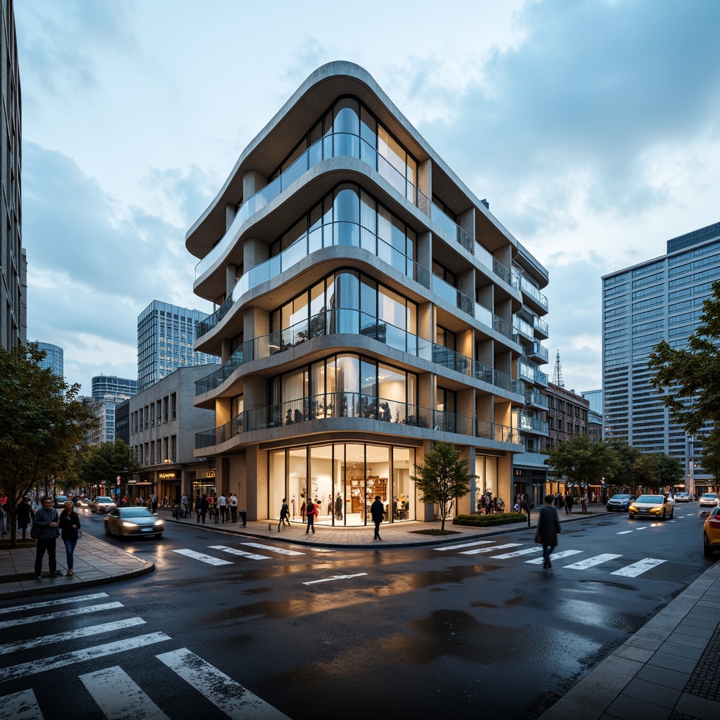 Prompt: Streamlined Moderne building, curved lines, minimalist facade, large windows, glass balconies, metallic accents, monochromatic color scheme, neutral tones, beige stucco, silver trim, dark grey roofs, urban cityscape, busy streets, modern skyscrapers, cloudy blue sky, soft natural lighting, shallow depth of field, 3/4 composition, panoramic view, realistic textures, ambient occlusion.