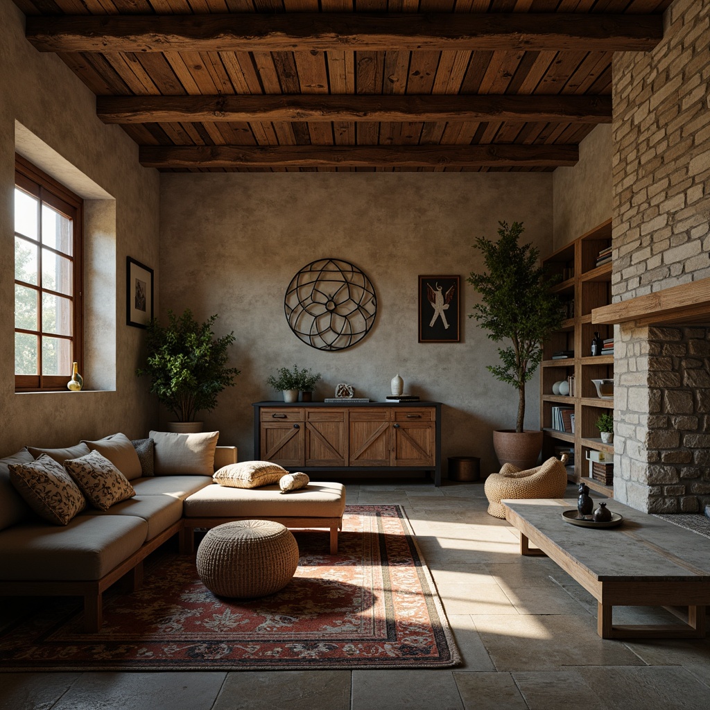 Prompt: Earthy tones, rustic textures, weathered wooden accents, distressed stone walls, vintage metal decor, faded floral patterns, soft warm lighting, cozy intimate spaces, natural materiality, organic forms, regional cultural influences, traditional craftsmanship, aged patina, muted color harmony, subtle contrast, 2/3 composition, shallow depth of field, cinematic atmosphere.