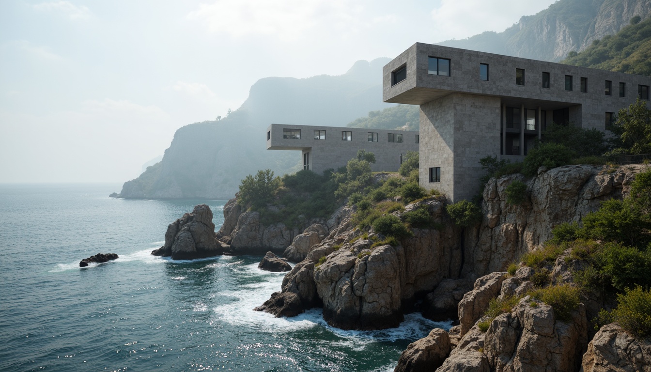 Prompt: Massive monolithic structures, rugged coastal cliffs, crashing ocean waves, salty sea air, weathered stone fa\u00e7ades, brutalist design elements, fortress-like buildings, dramatic cantilevered roofs, panoramic ocean views, misty morning atmosphere, soft warm lighting, 1/2 composition, realistic rock textures, ambient occlusion, organic natural materials, earthy color palette, subtle moss growth.