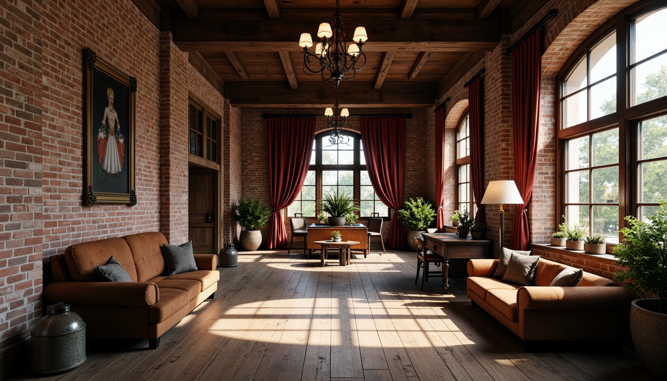 Prompt: Exposed brick walls, distressed wooden beams, rustic metal accents, reclaimed wood flooring, vintage industrial lighting fixtures, ornate stone carvings, grand arched windows, rich velvet drapes, antique furniture pieces, eclectic decorative artifacts, warm earthy color palette, soft diffused natural light, atmospheric shadows, 1/1 composition, cinematic view, highly detailed textures, subtle ambient occlusion.