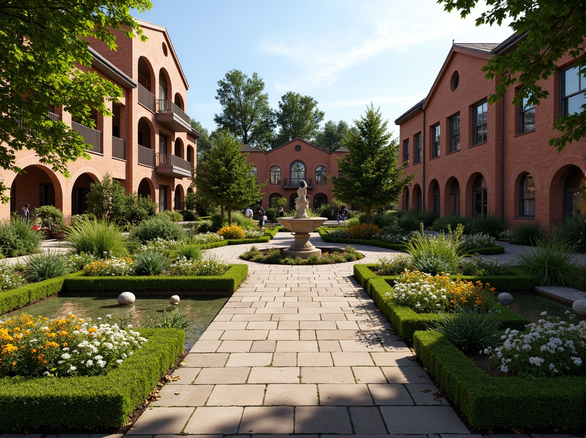 Prompt: Lush greenery, vibrant flowers, natural stone walkways, rustic brick buildings, Romanesque arches, ornate facades, grand entrance doors, symmetrical gardens, tranquil water features, decorative fountains, majestic trees, sunny day, soft warm lighting, shallow depth of field, 3/4 composition, panoramic view, realistic textures, ambient occlusion.Note