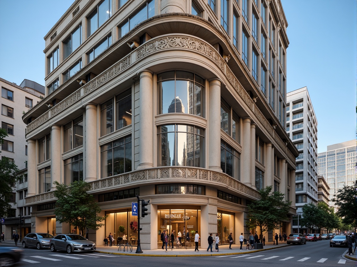 Prompt: Geometric bank facade, monumental columns, ornate stone carvings, grand entrance archways, symmetrical compositions, classical pilasters, rusticated bases, cantilevered canopies, intricate metalwork details, bold typography signage, sleek glass doors, modernist window patterns, urban cityscape background, busy street traffic, clear blue sky, warm natural light, shallow depth of field, 2/3 composition, realistic textures, ambient occlusion.